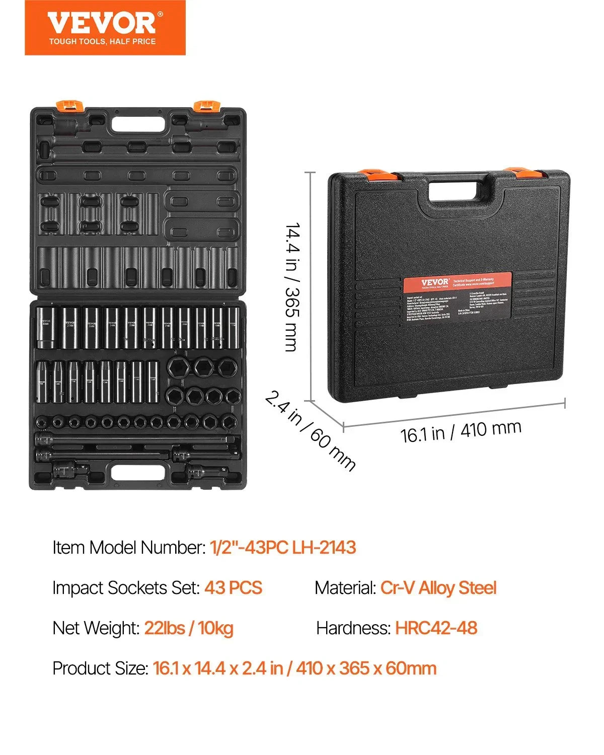VEVOR 43pc Impact Socket Set 6-Point Metric 9-30mm Standard Deep