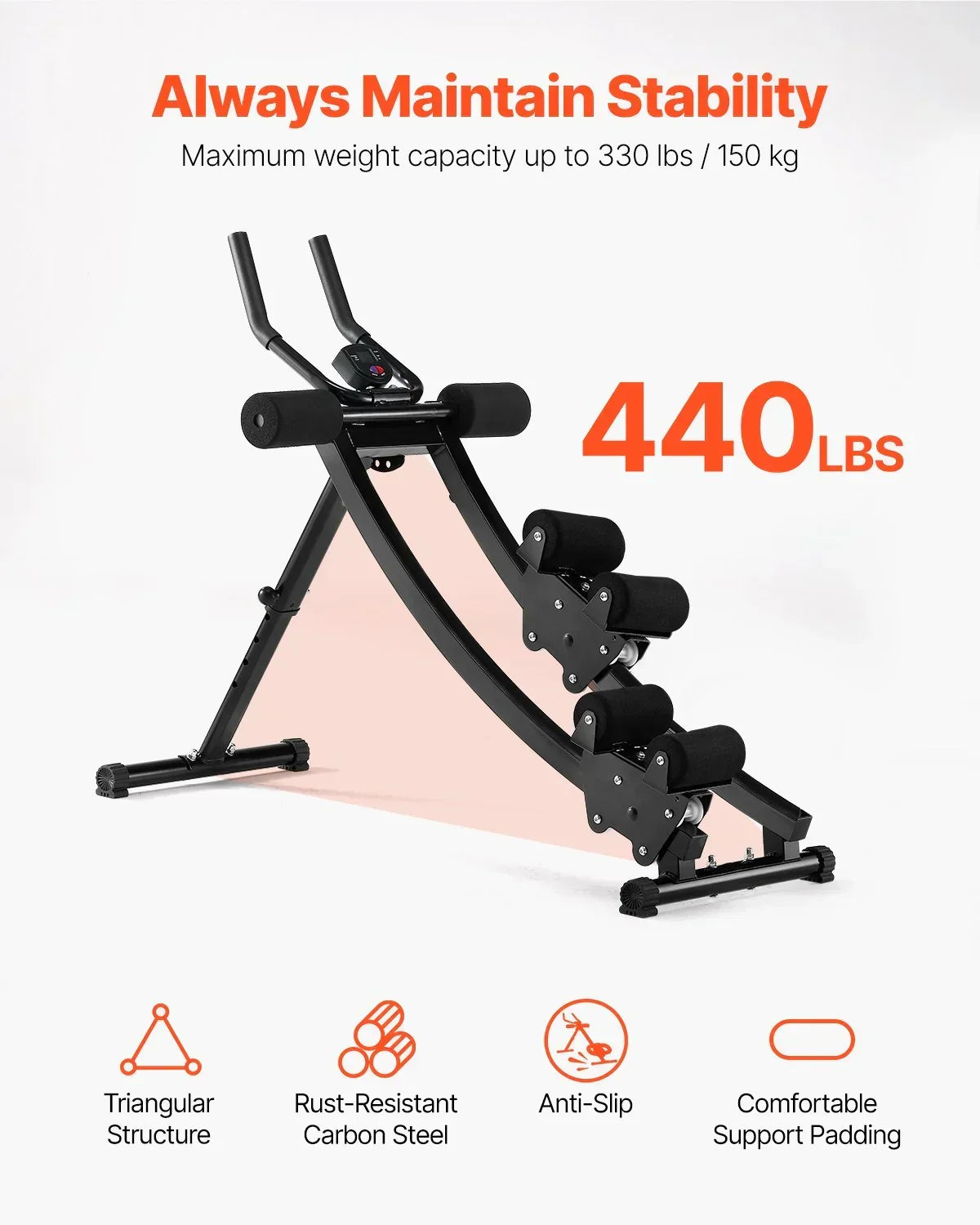 Adjustable ab workout bench with black foam padding, carbon steel frame, and 440 lbs weight limit.