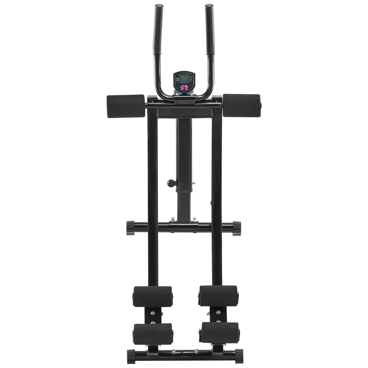 Black vertical ab exercise machine with foam rollers and digital display on white background