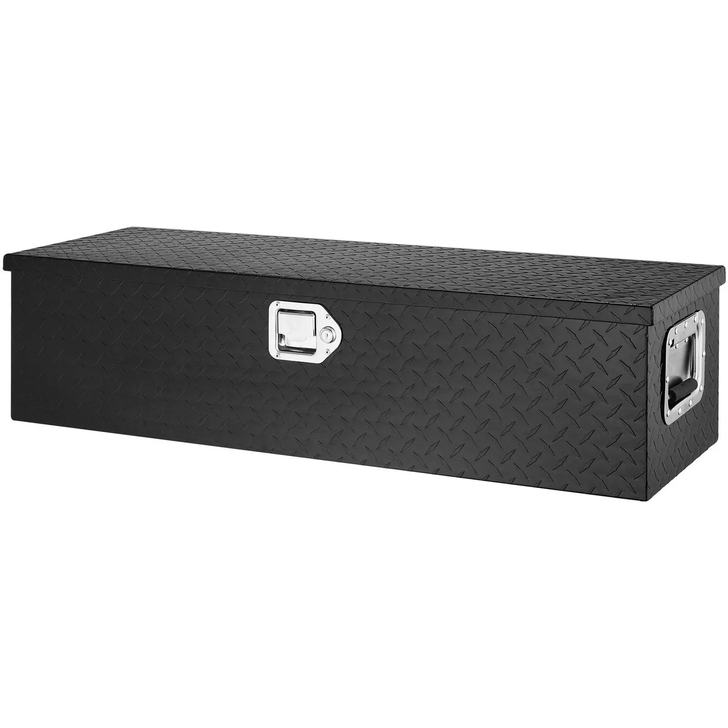 Black diamond plate aluminum truck bed tool box with silver handles and lock
