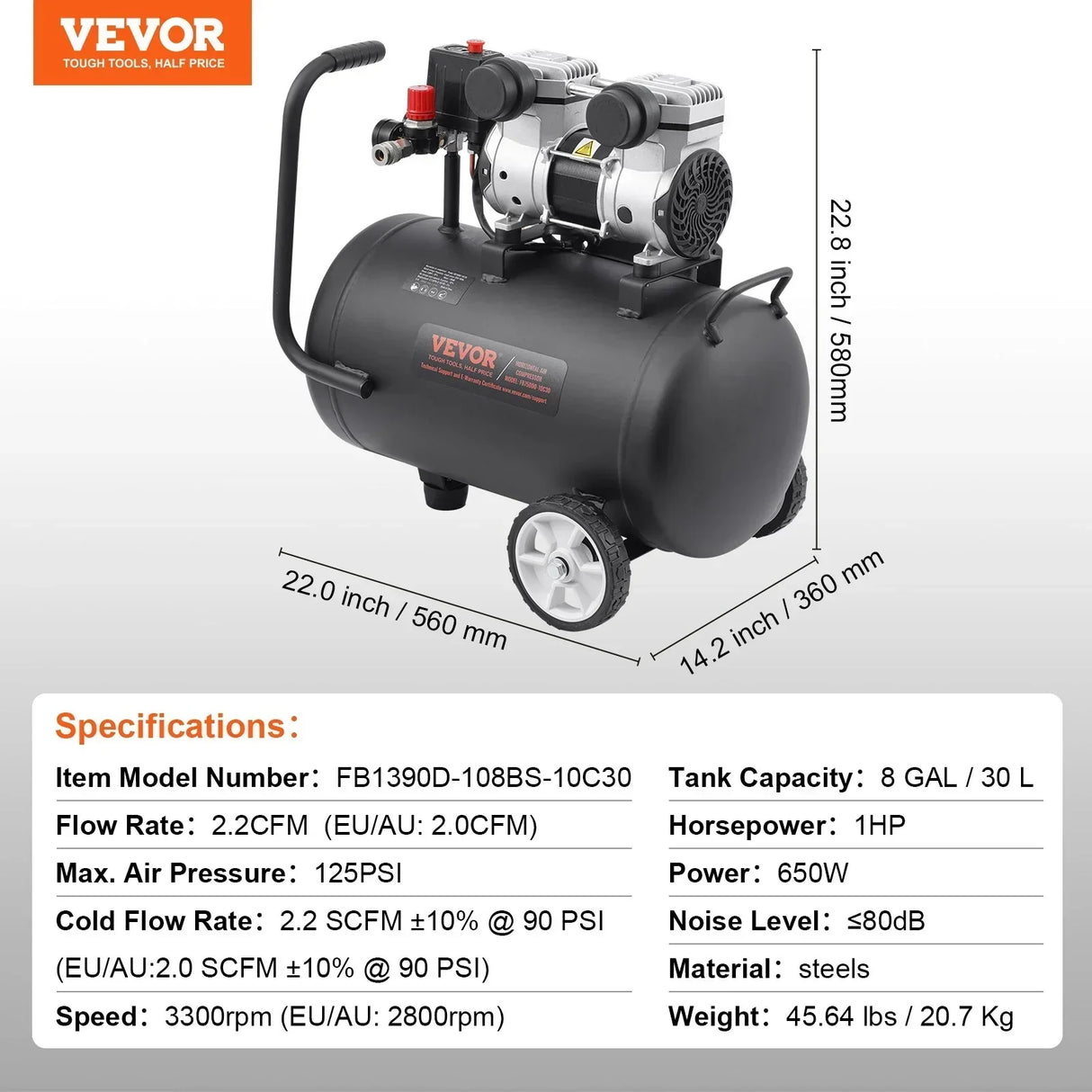 VEVOR 30L Air Compressor Portable Oil-Free 90 PSI Compact
