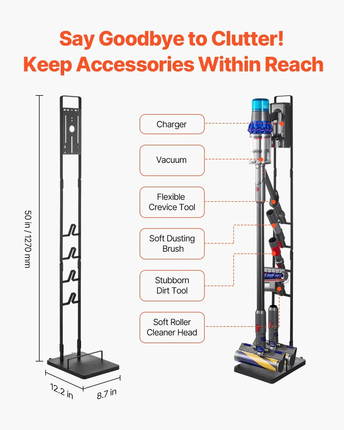 Vacuum stand organizer with labeled slots for charger, vacuum, and accessories, 50 inches tall