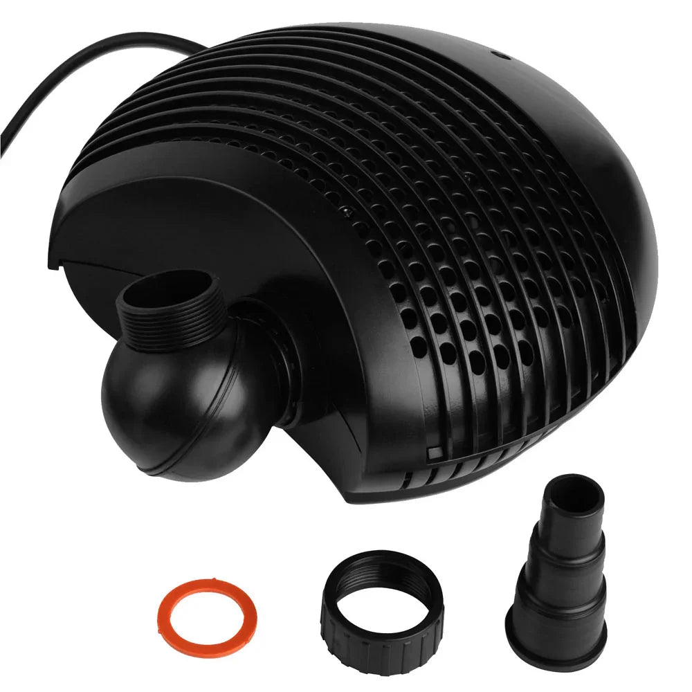 Black pond pump with hose adapters and fittings, aquarium pump accessory set