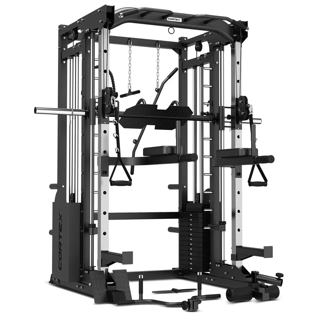 Black and silver Cortex multi-function home gym weight machine with pulleys, bench, and attachments