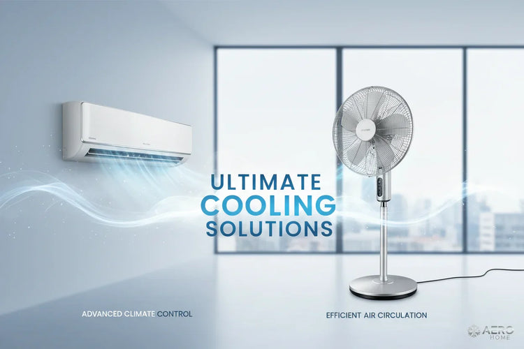 Modern room with wall-mounted air conditioner and standing fan illustrating ultimate cooling solutions