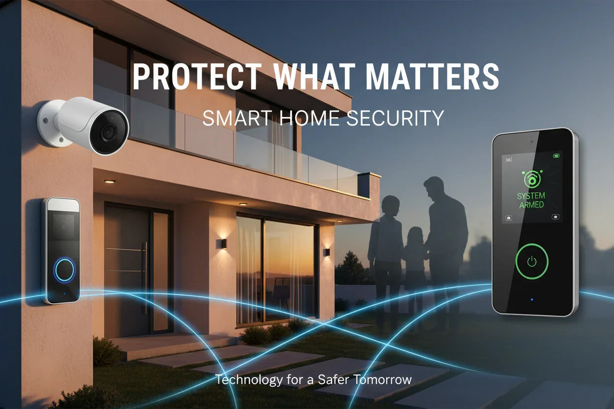 Modern home with smart security camera, video doorbell, and digital control panel displaying system armed