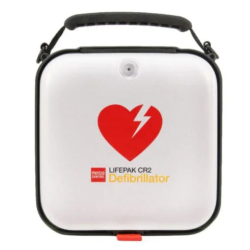 Portable Lifepak CR2 automatic external defibrillator with carry handle and heart icon.
