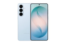 Light blue Samsung smartphone with triple rear cameras and sleek design
