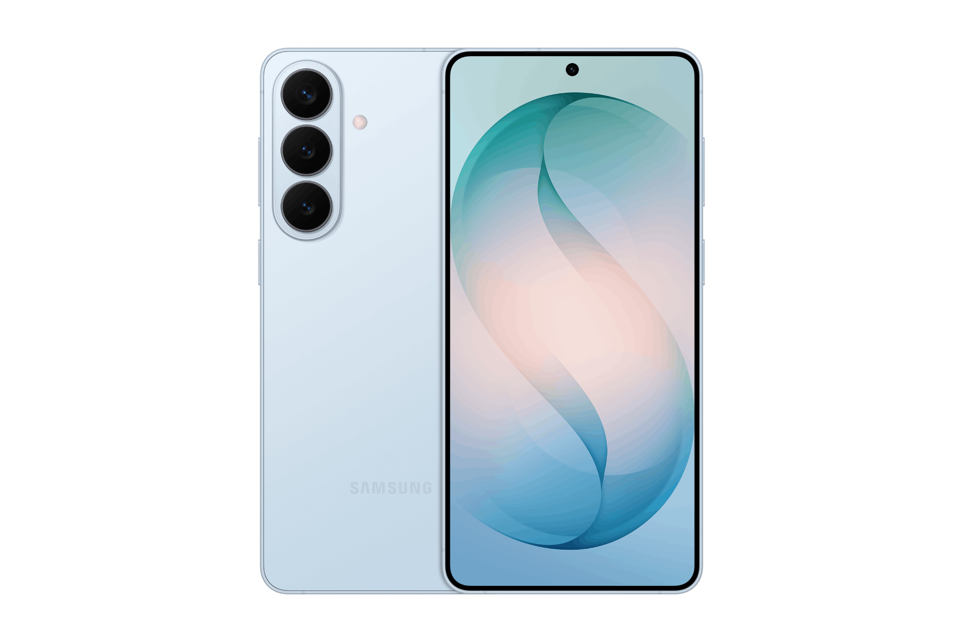 Light blue Samsung smartphone with triple rear cameras and sleek design
