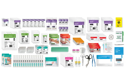Eye wash ampoules, eye pads, nitrile gloves and CPR face shield for welding and foundry workplaces
