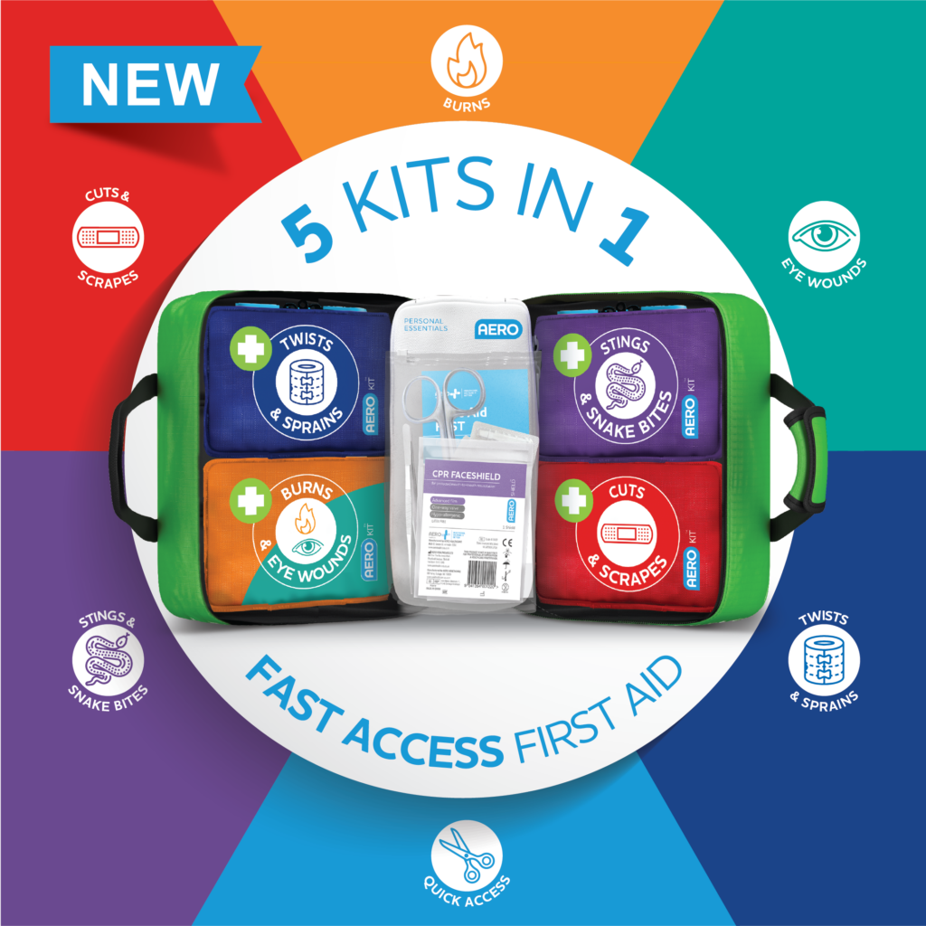 Compact softpack first aid kit 25 x 15 x 21.5 cm with burns and eye wounds module and quick access pouch