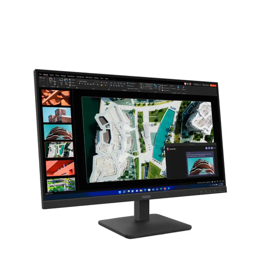 Wide computer monitor displaying photo editing software with aerial architecture images, sleek black design