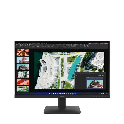 ThinkVision monitor displaying architectural design software with aerial building visuals
