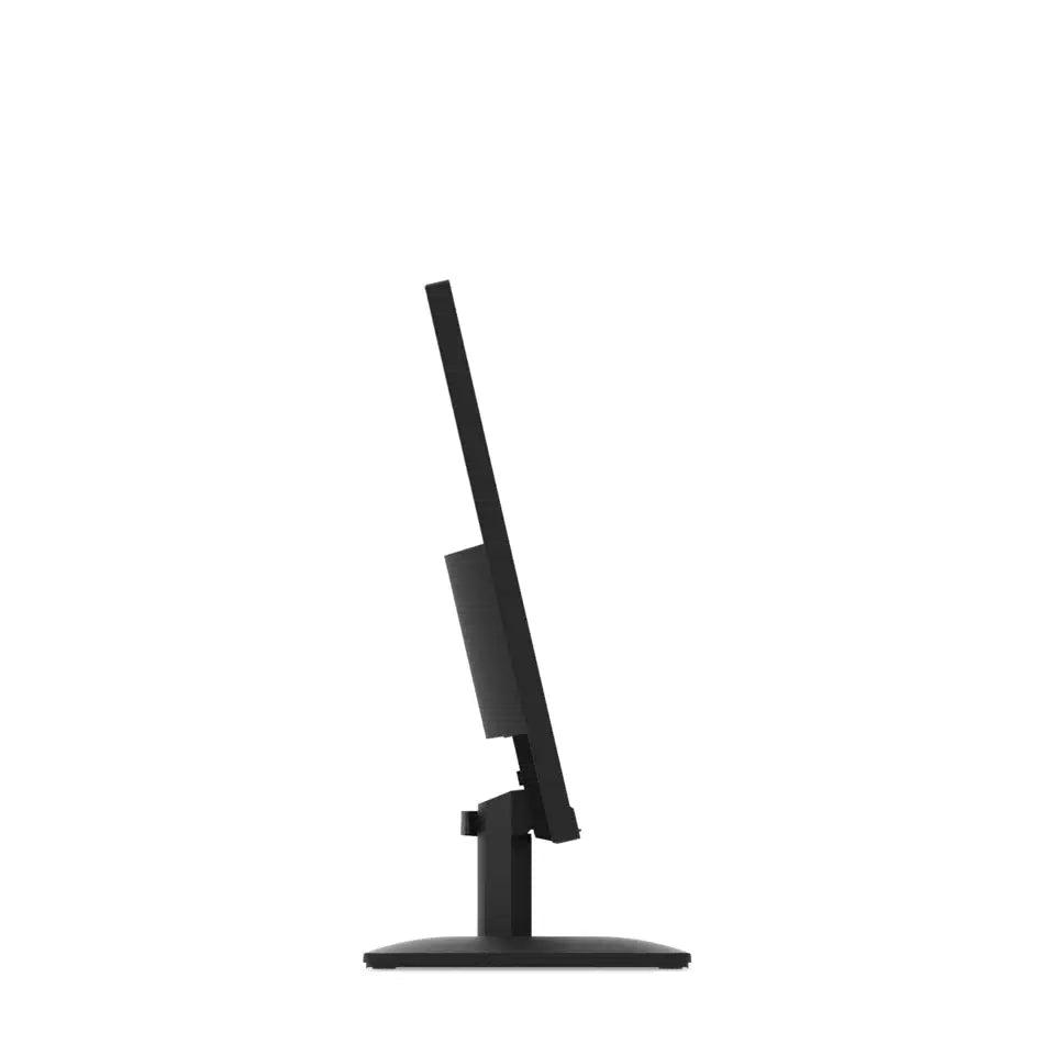 Slim black computer monitor with adjustable stand, side view