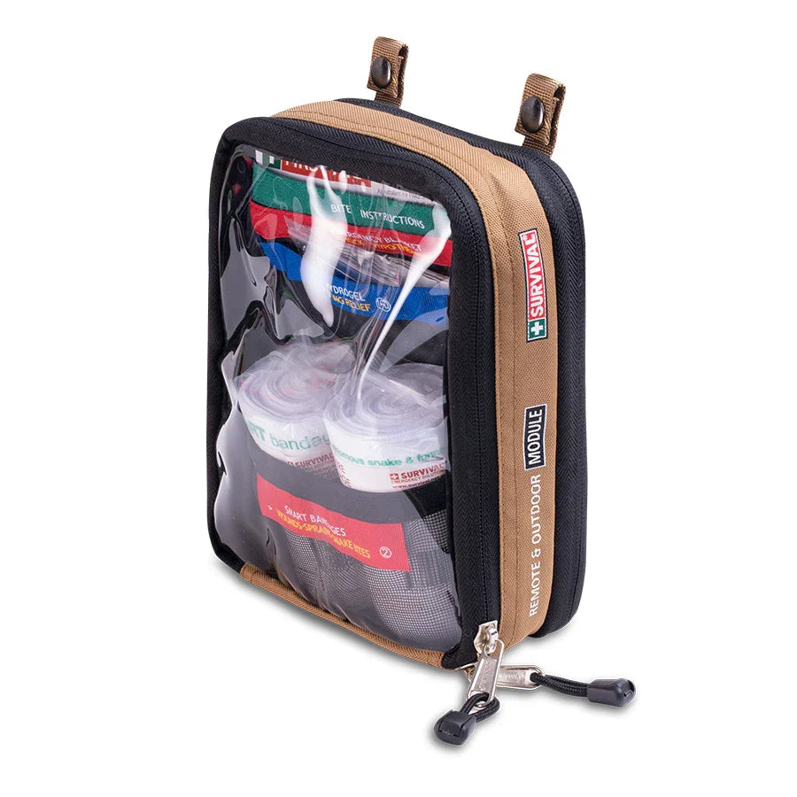 SURVIVAL outdoor module with mini torch, emergency whistle, daylight signal mirror and instruction card