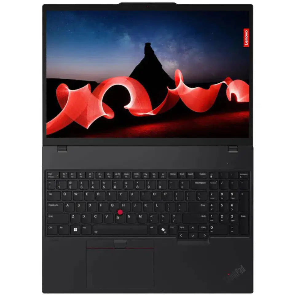 Black Lenovo ThinkPad laptop with red TrackPoint, backlit keyboard, and vibrant screen display