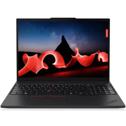Lenovo ThinkPad laptop with red trackpoint, sleek black design, vibrant screen display