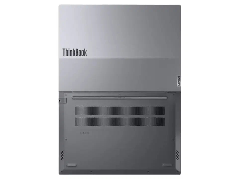 Lenovo ThinkBook laptop bottom view with ventilation grilles and branding