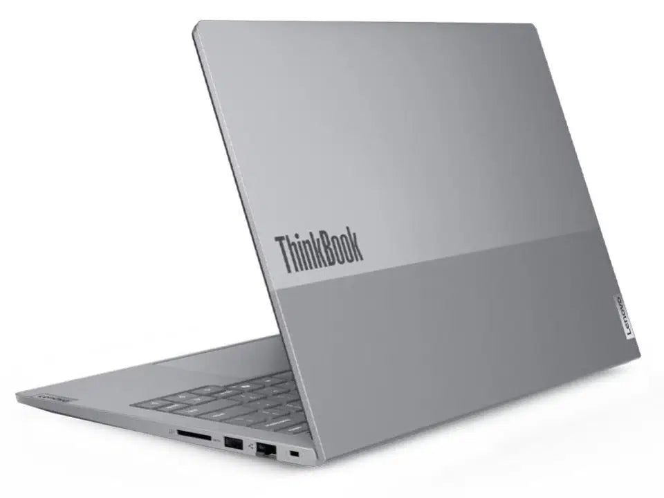 Silver ThinkBook laptop with sleek design and visible ports