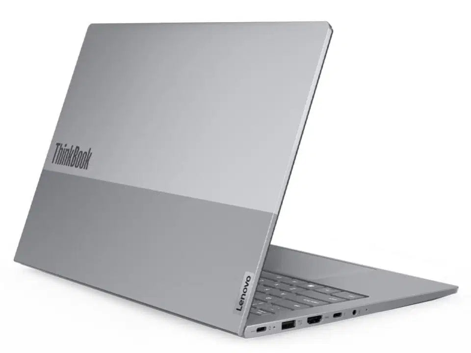 Silver Lenovo ThinkBook laptop with sleek design and visible ports