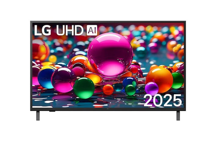 LG UHD AI 2025 TV displaying vibrant colorful spheres, sleek modern design for home entertainment