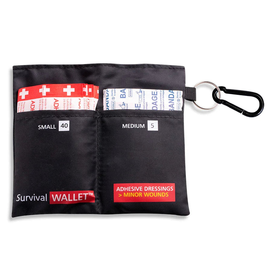 SURVIVAL CPR Wallet Bundle contents: resuscitation shield, nitrile gloves, cetrimide wipes and 10 bandages
