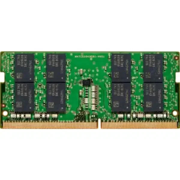 Green laptop RAM module with eight black memory chips and gold connector pins