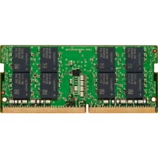 Green laptop RAM module with eight black memory chips and gold connector pins