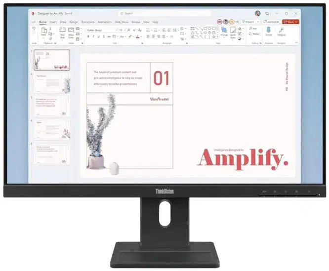 ThinkVision monitor displaying PowerPoint presentation with 'Amplify' design, ideal for office or home use