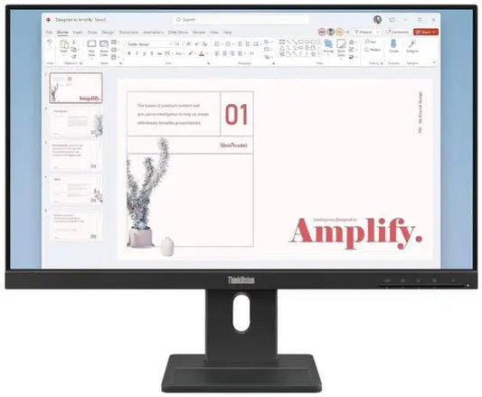 ThinkVision monitor displaying PowerPoint presentation with 'Amplify' design, ideal for office or home use