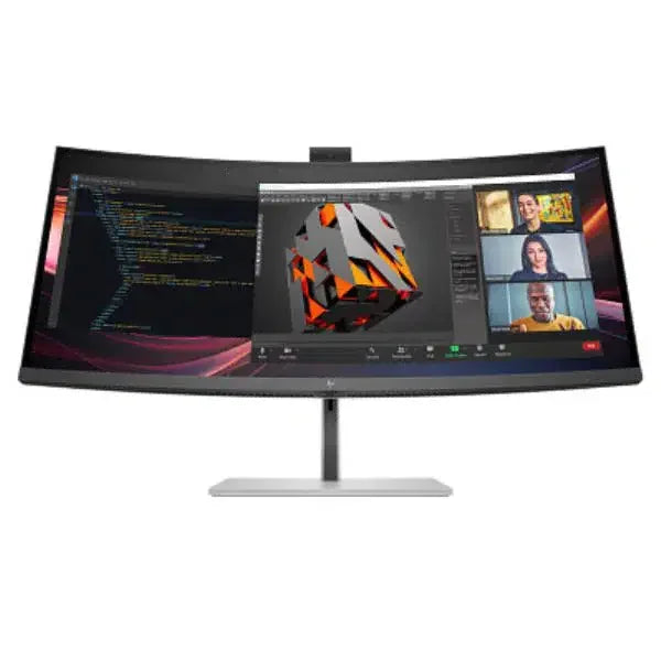 Ultra-wide curved computer monitor displaying code, 3D graphics, and video conference