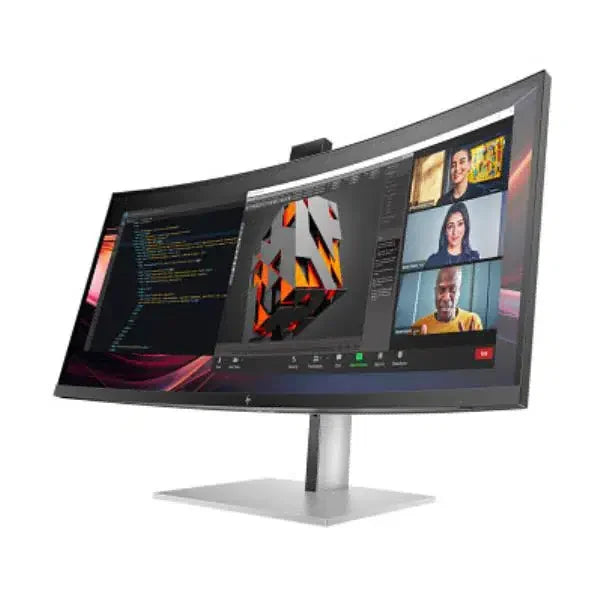 Curved widescreen computer monitor displaying video call and coding interface.