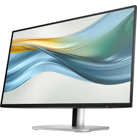 Slim bezel computer monitor with abstract blue and yellow wallpaper on screen