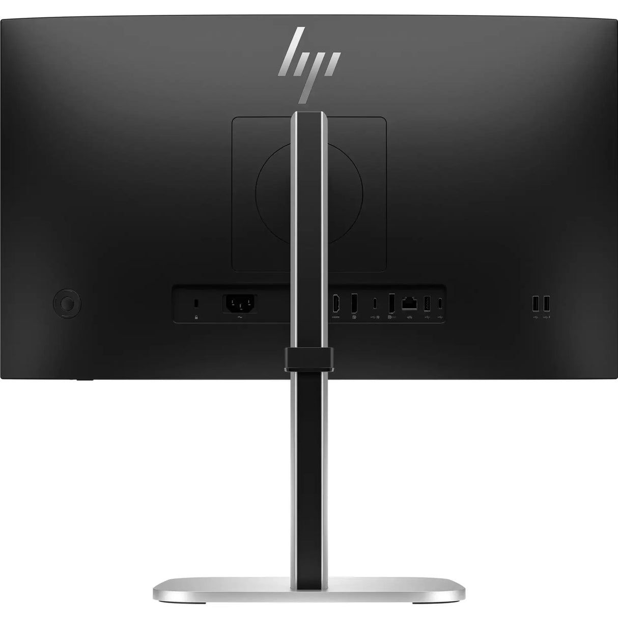 Back view of a black HP computer monitor on a silver stand showing multiple ports