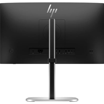Back view of a black HP computer monitor on a silver stand showing multiple ports