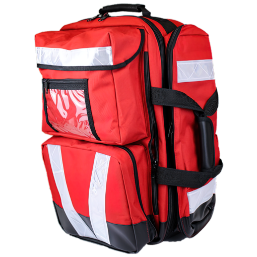 Red emergency backpack with reflective white stripes and multiple front zippered pockets