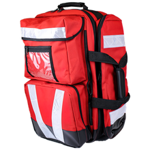 Red emergency backpack with reflective white stripes and multiple front zippered pockets