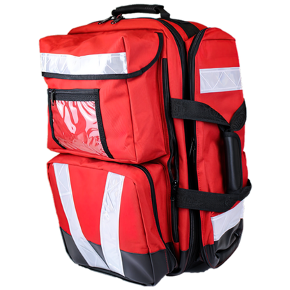Red emergency backpack with reflective white stripes and multiple front zippered pockets