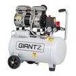 White portable air compressor with pressure gauges and wheels, suitable for workshops or garages.