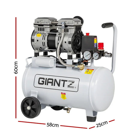 White GIANTZ air compressor with wheels, gauges, and labeled dimensions: 60x58x25 cm.