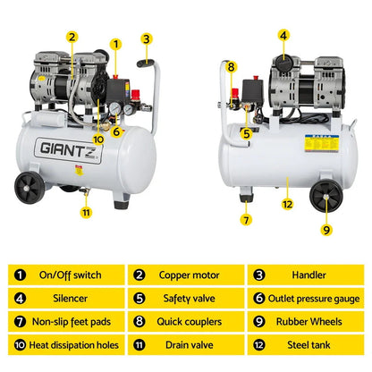 White portable air compressor with labeled features, dual copper motors, silencer, steel tank, rubber wheels, and control panel.
