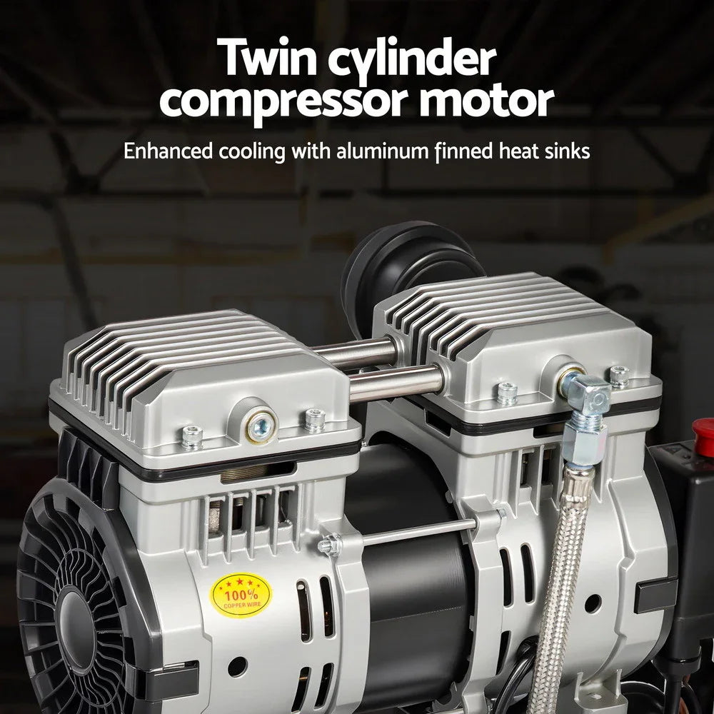 Twin cylinder compressor motor with aluminum finned heat sinks and cooling components