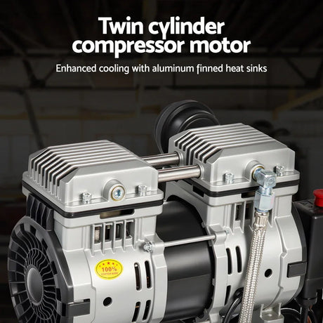 Twin cylinder compressor motor with aluminum finned heat sinks and cooling components