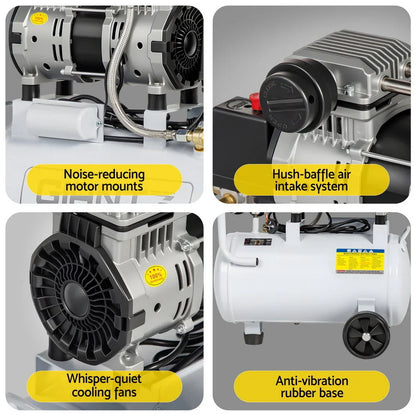 Close-up of a white air compressor with noise-reducing motor mounts, hush-baffle air intake, whisper-quiet cooling fans, and anti-vibration rubber base.