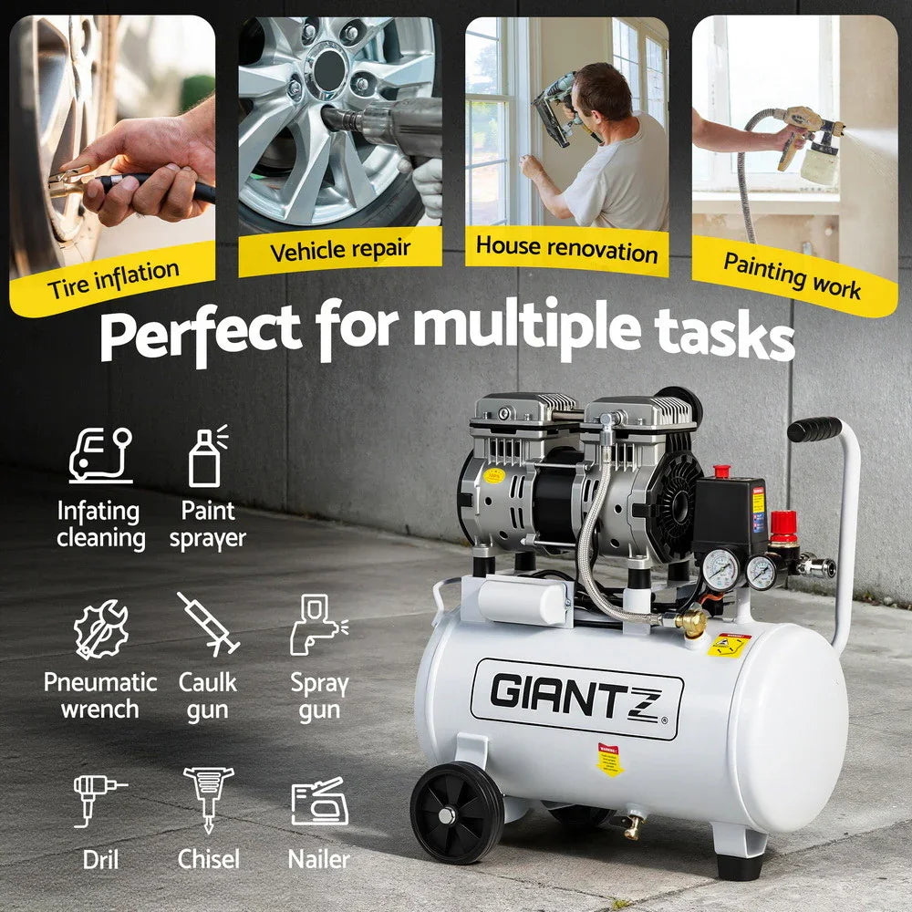 Air compressor for inflating, painting, vehicle repair, house renovation, and power tools use.