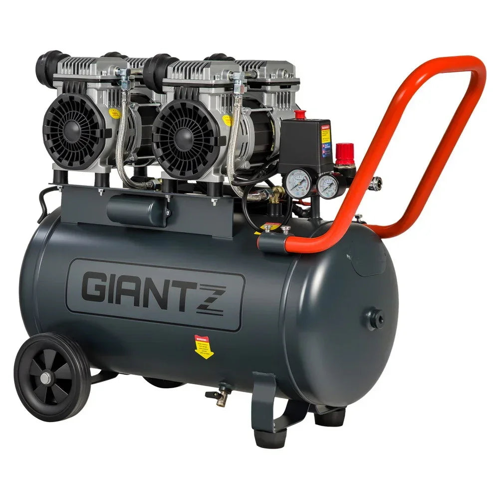50L portable air compressor with twin motors, pressure gauges, and orange handle