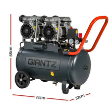 Electric air compressor with dual motors, gauges, large tank and handle, dimensions labeled