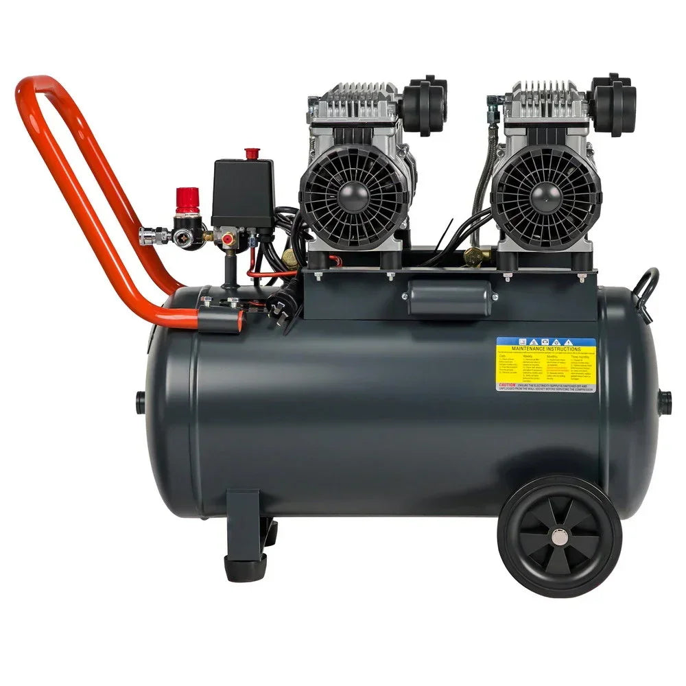 Large portable air compressor with dual motors, wheels, orange handle, and black tank