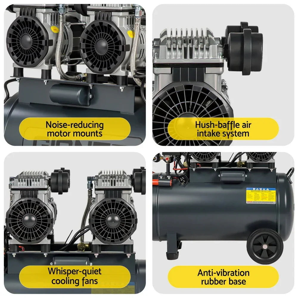 Industrial air compressor with noise-reducing motor, hush-baffle intake, cooling fans, rubber base