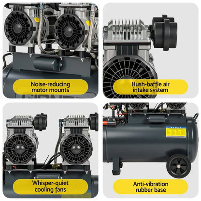 Industrial air compressor with noise-reducing motor, hush-baffle intake, cooling fans, rubber base